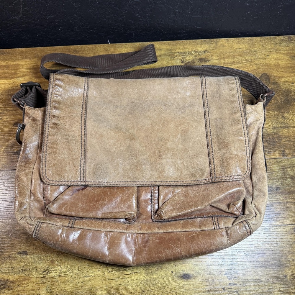 Fossil Vintage Brown Leather Messenger Bag Crossbody Laptop Satchel Mens Womens